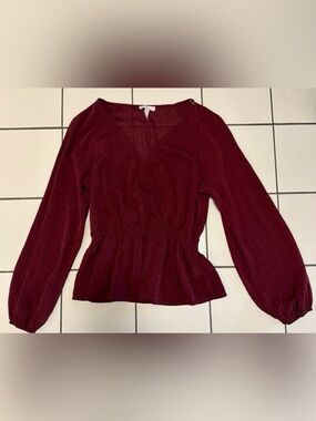 Leith Burgundy V-Neck Peplum Long-Sleeve Top